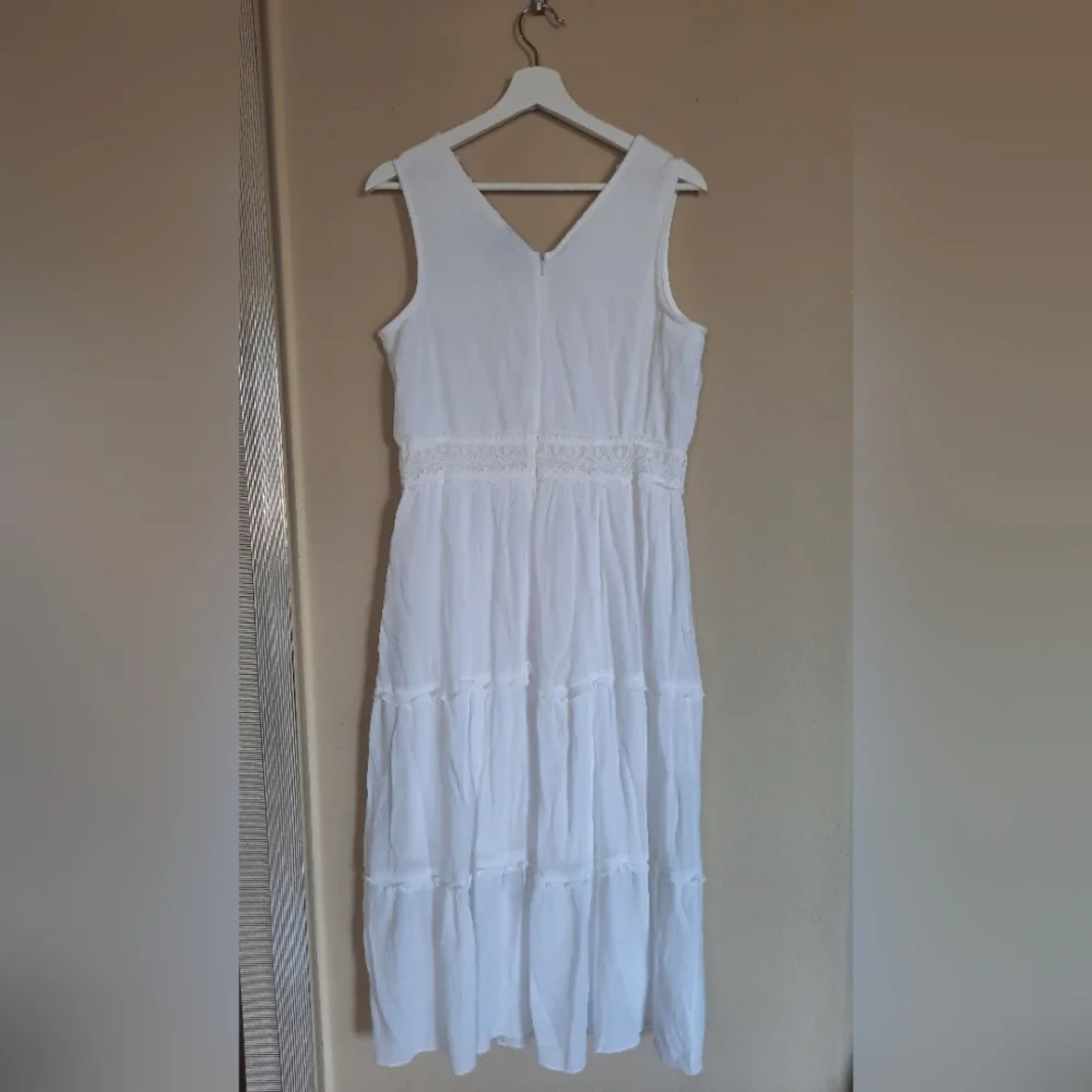 Vintage VTG Boho White Tiered Crochet Lace Prairie Boho Cowgirl Dress Sundress